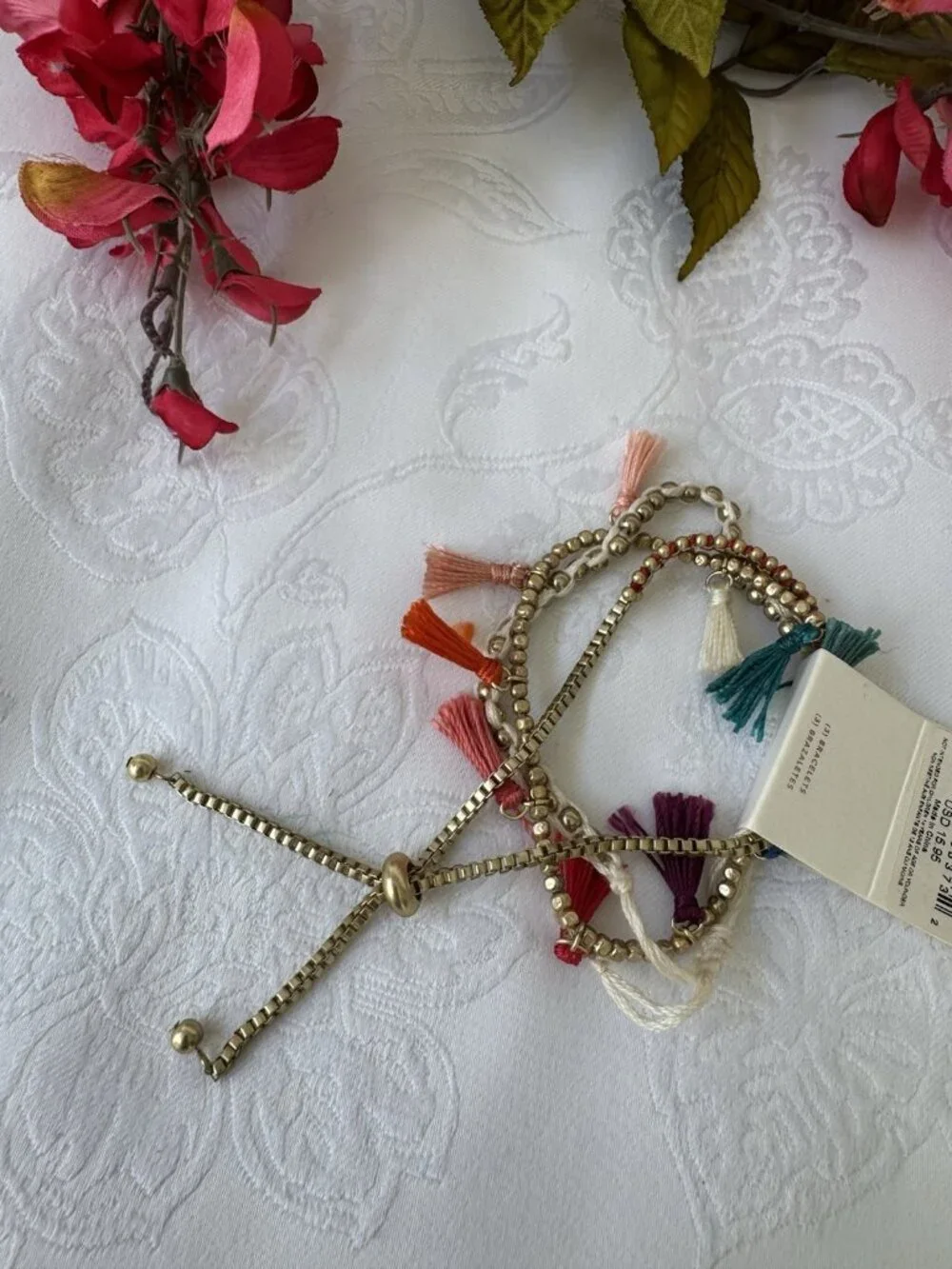 American Eagle Goldtone Cream Colorful Tassel Beads Bracelet Set 3 PC Stack NEW